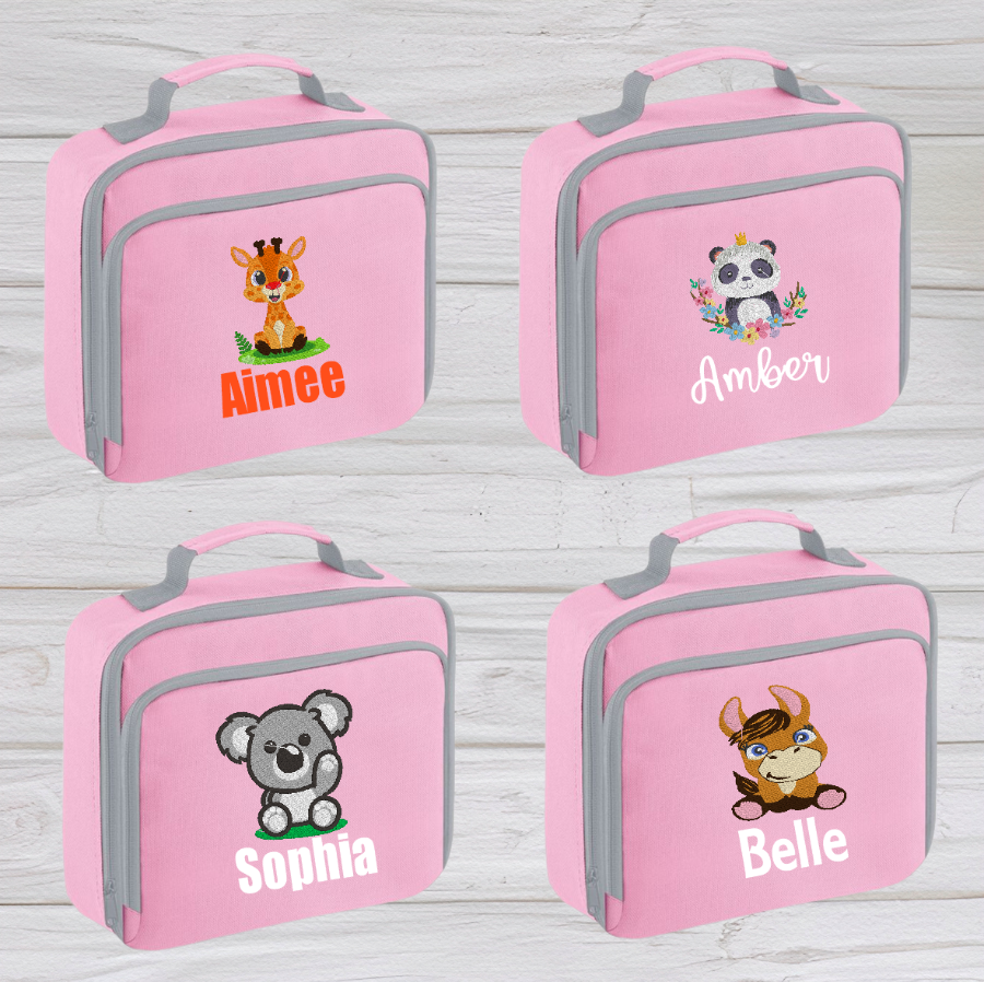 Personalised Pink School Lunch Bag Cooler Animal Designs CreationPartyShop