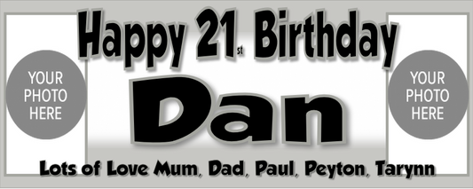 Personalised Birthday Party Photo Banners &amp; Posters are offered in a Various Colour Designs, featuring a combination of two images on the banner &amp; one image on posters.  Our customisable banners and posters can be personalised with any age, name, colour.  All our Banners &amp; Posters are printed on Luxury 240gsm Photo Paper.