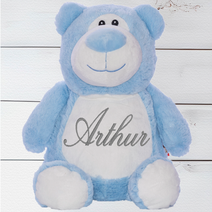 Meet Cubbyford the Blue Bear our cuddly teddy bear who has a blue colours and white body, snuggly fur, friendly black eyes and a soft blue nose.