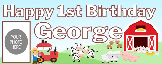 Personalised birthday banners and posters featuring your fav farm animals.  Farm yard animal theme birthday party photo banners posters "Add a playful touch to your little one's special day with our Farm Animal Themed Birthday Party Photo Banners & Posters - Any Age! These banners and posters featuring cute farm animals will make for some adorable photo ops and memories that will last a lifetime. So don't be a party pooper - add some barnyard fun to your celebration today!"