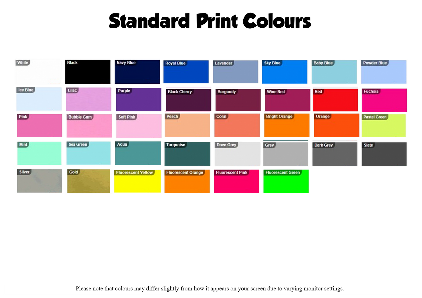 Colour choices for Leavers Shirts prints