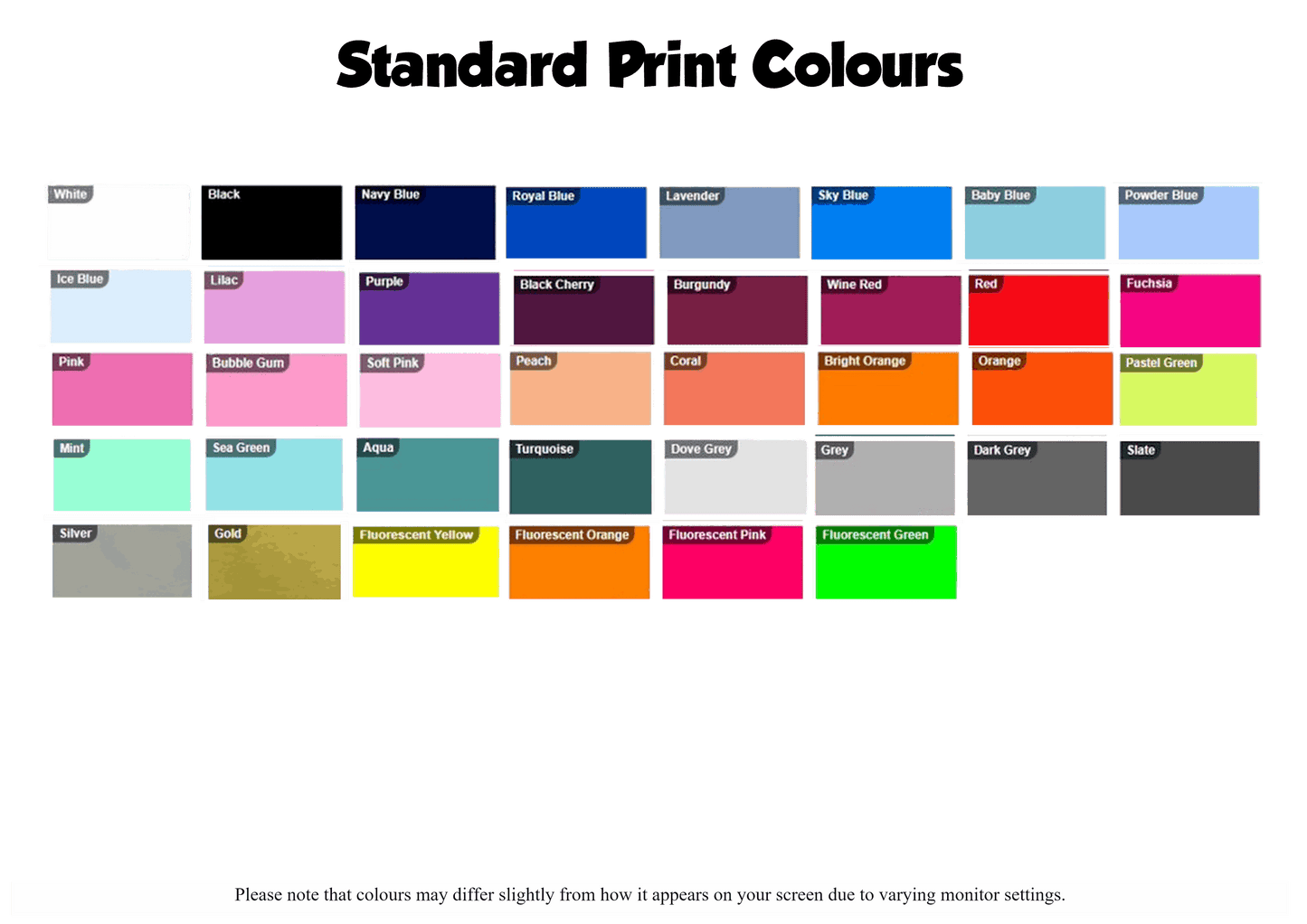 Colour choices for Leavers Shirts prints