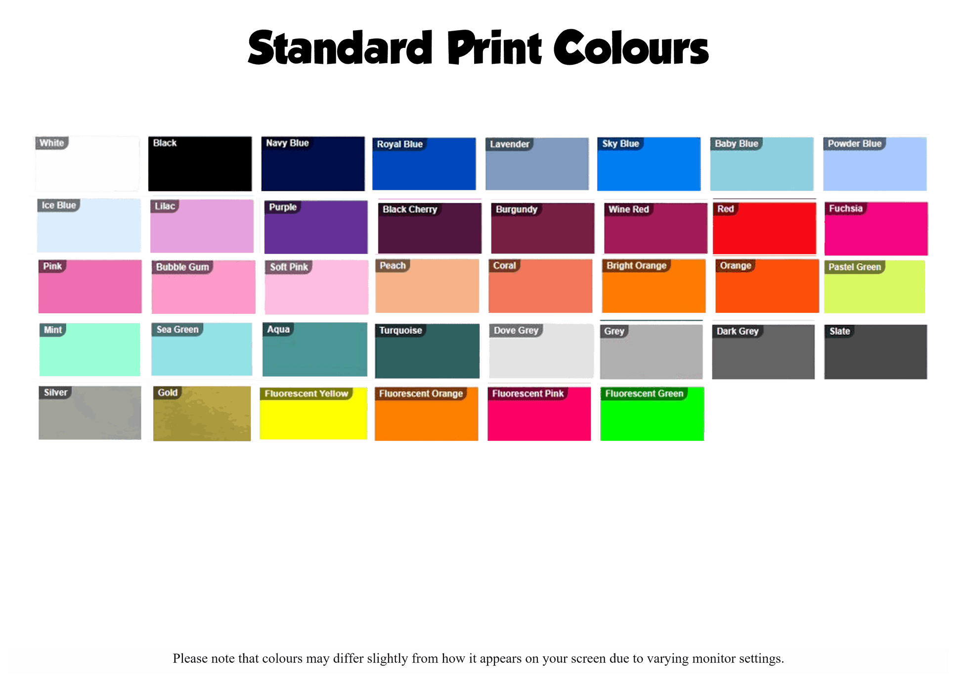 Colour choices for Leavers Shirts prints