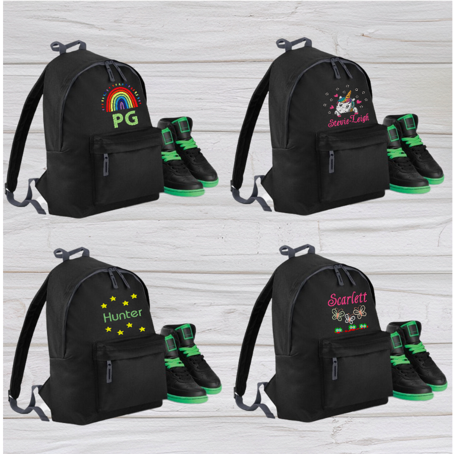 Our personalised Junior School Rucksack Backpack has got it all: a zippered front pocket, comfy padded back panel, adjustable straps for extra support and a handy grab handle. Enjoy your schooldays in style! Going back to school with you very own personalised school bag.  Colour - Black Rucksack Dimensions 28 x 38 x 19cm. Capacity 12 litres.   (Other colours Burgundy, Fuchsia Pink, Green, Jungle Camo, Navy Blue, Pink, Purple, Red, Royal Blue, and Surf Blue - take your pick!)