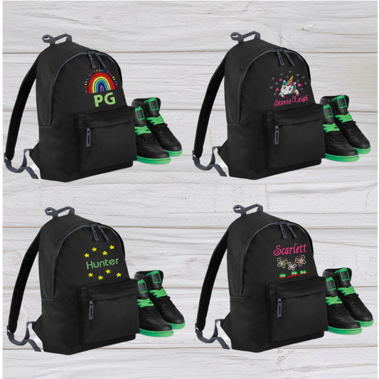 Our personalised Junior School Rucksack Backpack has got it all: a zippered front pocket, comfy padded back panel, adjustable straps for extra support and a handy grab handle. Enjoy your schooldays in style! Going back to school with you very own personalised school bag.  Colour - Black Rucksack Dimensions 28 x 38 x 19cm. Capacity 12 litres.   (Other colours Burgundy, Fuchsia Pink, Green, Jungle Camo, Navy Blue, Pink, Purple, Red, Royal Blue, and Surf Blue - take your pick!)