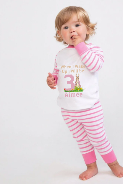 Add to the birthday celebrations with our cute Flopsy from Peter Rabbit style “When I Wake Up” character pyjama’s. Personalise with a name and age, and select from a choice of pyjama in both Pink or Candy Striped style. Make their special day even more exciting with our adorable Flopsy from Peter Rabbit themed "When I Wake Up" character pajamas