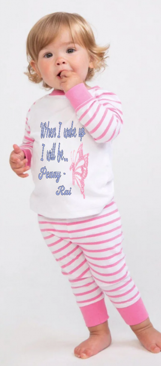 Searching for the perfect wake up PJs for your little girl? Look no more! Our one-of-a-kind "When I Wake Up" design set is the perfect addition to any birthday bash. Personalized with a name and age, these jammies come in both Solid Pink & White, Pink Candy Striped  White. Enhance your sleepwear with our exquisite Butterfly Number Monogram Design, featuring delicate and vibrant colours for both the font and butterfly number monogram.