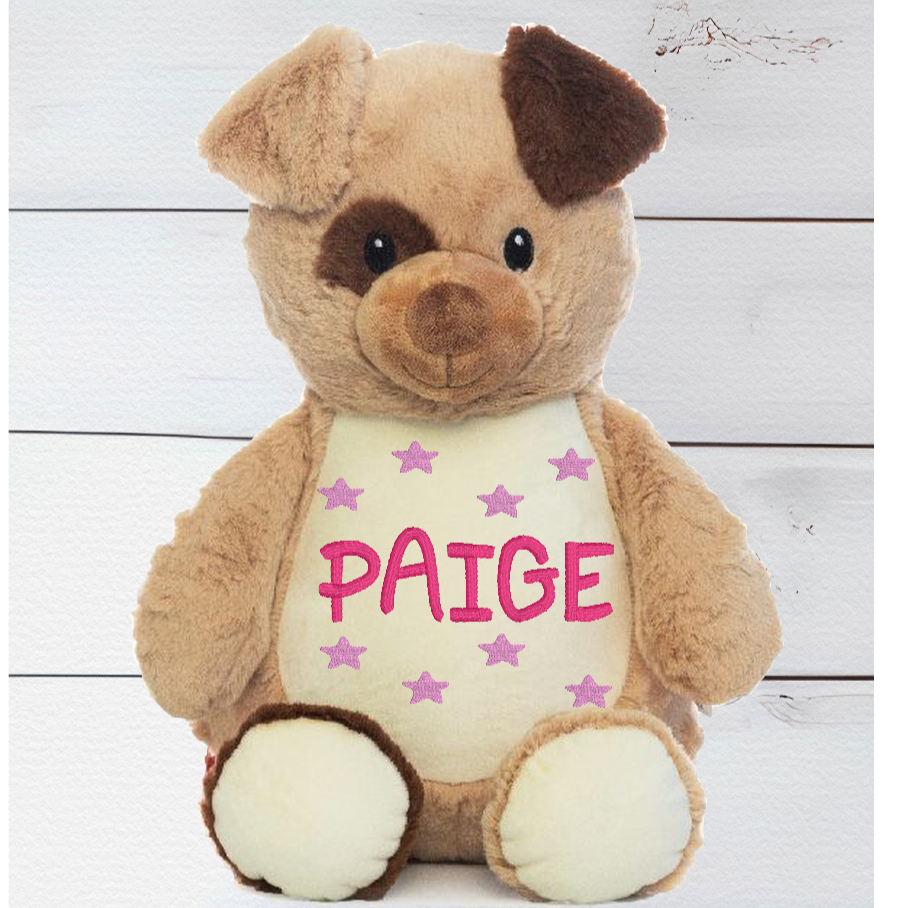 Patch the Dog has a nifty zipper so you can take out the stuffing pods and get it squeaky clean! Machine washable, this pup can even fill your kiddo's sleepover bag with PJs! Patch stands tall at a whopping 13 inches. Personalise your teddy bear by selecting from one of our themed designs. 