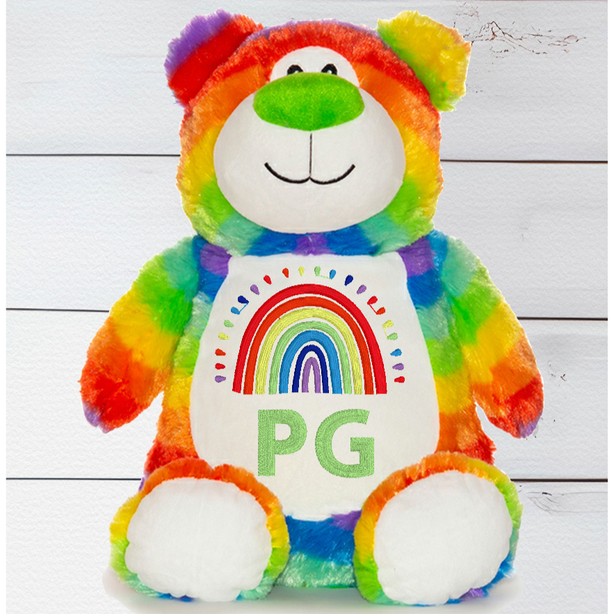 Cubbyford the Rainbow has a flashy zip feature that lets you take out the pod stuffing so you can get the 'bear necessities' (that's a pun right there) and make him sparkly clean - just chuck him in the washing machine! Not only that, but you can stuff him with PJs for sleepover fun - at 13 inches tall he's the perfect buddy.  Begin customising your teddy bear by selecting from one of our themed designs .