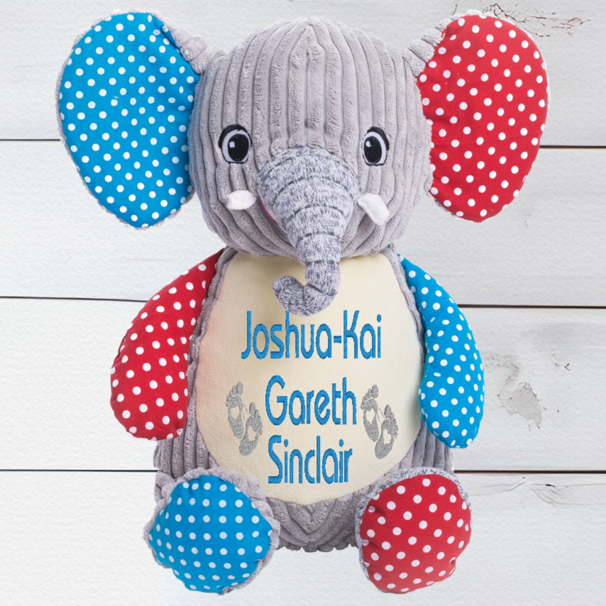 Personalised Embroidery Eric the Sensory Red & Blue Elephant Teddy Bear