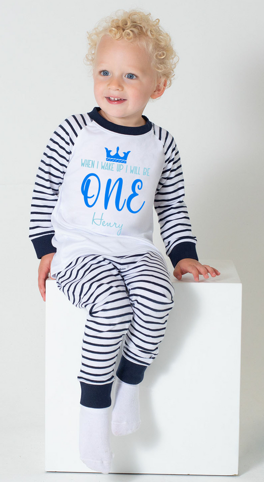 Get ready for some serious cuteness with these Prince Themed When I Wake Up Pyjamas! Perfect for your little birthday boy's slumber, these pyjamas will keep them cosy and cute all night long. Give the gift of comfort, style, and fun for their special day.  Made from 100% Cotton, Sizing from 0-6 Months to 3/4 Years.