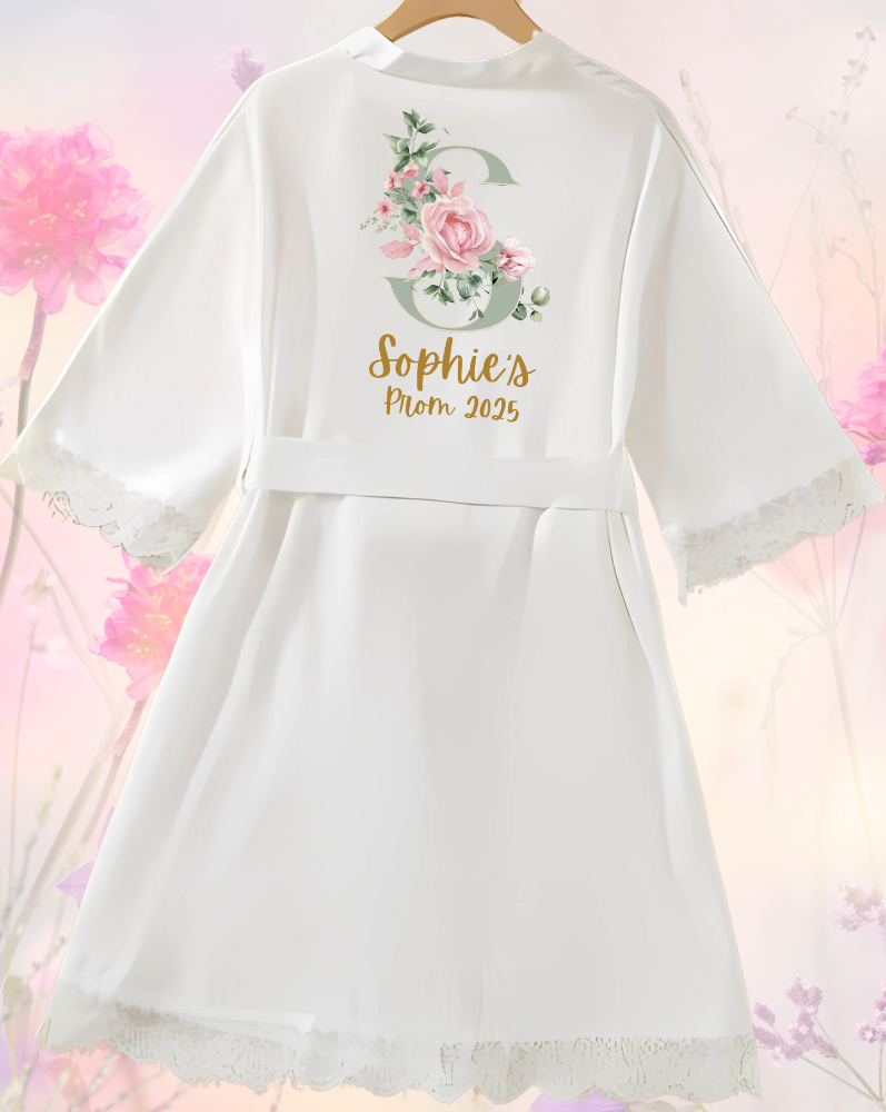 Discover the perfect personalised Prom lace robe for your special day in elegant lace and satin, with a variety of design choices to choose from.