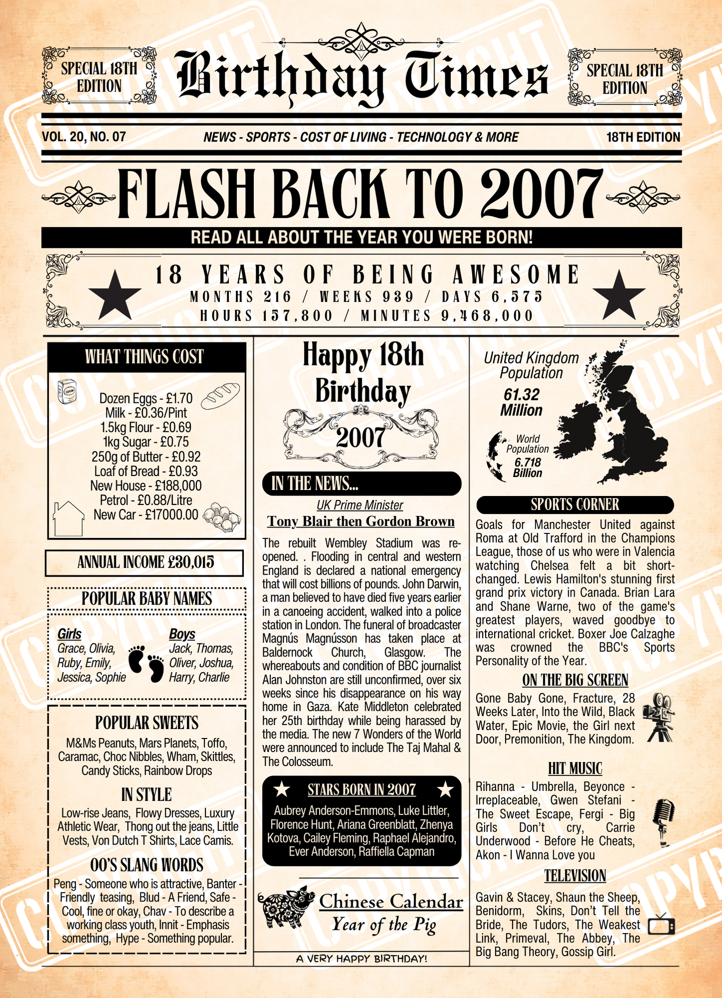 Age 18 - Newspaper Poster from the Year you were born (2007)