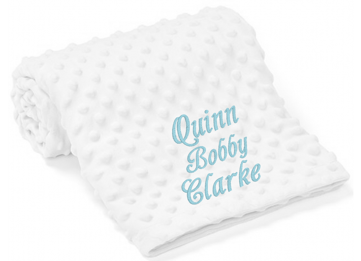 Treat a special little boy or girl to the perfect gift! Our exclusive baby bubble blanket, in stunning white, is customised with his or her name and desired font style and colour. Soft and cuddly 100% polyester, it's ideal for any cot or pram and measures 75 x 100 cm. Make him or her feel extra special with a personalised embroidered baby white bubble blanket!