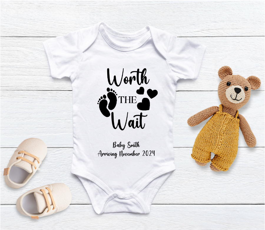 Capture your pregnancy announcement with this adorable personalised baby grow! Personalised with Baby Surname and Arrival Month &amp; Year. Share your excitement on social media platforms with the unique touch of a custom baby bodysuit. It also makes for the perfect baby shower gift.