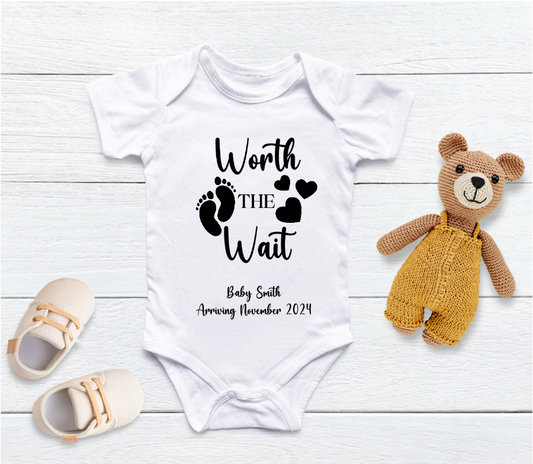 Capture your pregnancy announcement with this adorable personalised baby grow! Personalised with Baby Surname and Arrival Month &amp; Year. Share your excitement on social media platforms with the unique touch of a custom baby bodysuit. It also makes for the perfect baby shower gift.