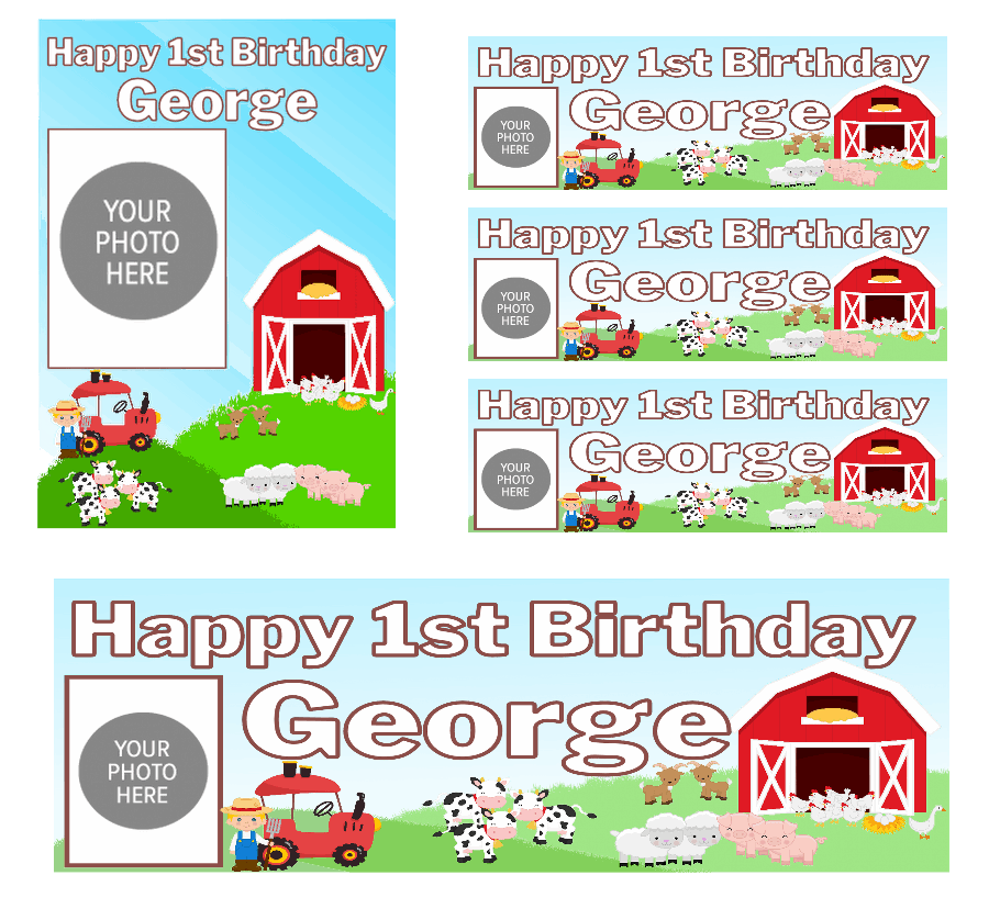 Personalised birthday banners and posters featuring your fav farm animals.  Farm yard animal theme birthday party photo banners posters "Add a playful touch to your little one's special day with our Farm Animal Themed Birthday Party Photo Banners & Posters - Any Age! These banners and posters featuring cute farm animals will make for some adorable photo ops and memories that will last a lifetime. So don't be a party pooper - add some barnyard fun to your celebration today!"