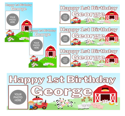 Personalised birthday banners and posters featuring your fav farm animals.  Farm yard animal theme birthday party photo banners posters "Add a playful touch to your little one's special day with our Farm Animal Themed Birthday Party Photo Banners &amp; Posters - Any Age! These banners and posters featuring cute farm animals will make for some adorable photo ops and memories that will last a lifetime. So don't be a party pooper - add some barnyard fun to your celebration today!"