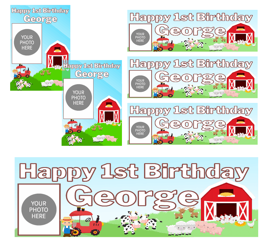 Personalised birthday banners and posters featuring your fav farm animals.  Farm yard animal theme birthday party photo banners posters "Add a playful touch to your little one's special day with our Farm Animal Themed Birthday Party Photo Banners &amp; Posters - Any Age! These banners and posters featuring cute farm animals will make for some adorable photo ops and memories that will last a lifetime. So don't be a party pooper - add some barnyard fun to your celebration today!"