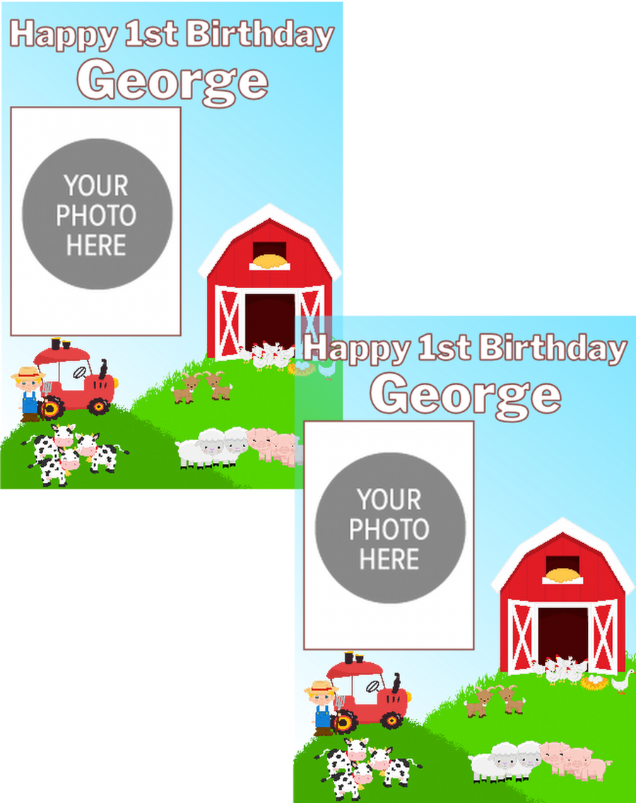 Personalised birthday banners and posters featuring your fav farm animals.  Farm yard animal theme birthday party photo banners posters "Add a playful touch to your little one's special day with our Farm Animal Themed Birthday Party Photo Banners &amp; Posters - Any Age! These banners and posters featuring cute farm animals will make for some adorable photo ops and memories that will last a lifetime. So don't be a party pooper - add some barnyard fun to your celebration today!"