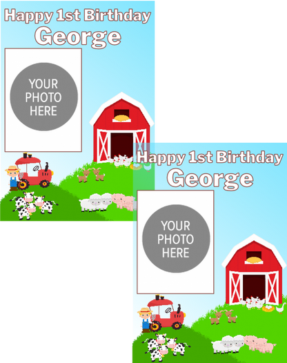 Personalised birthday banners and posters featuring your fav farm animals.  Farm yard animal theme birthday party photo banners posters "Add a playful touch to your little one's special day with our Farm Animal Themed Birthday Party Photo Banners &amp; Posters - Any Age! These banners and posters featuring cute farm animals will make for some adorable photo ops and memories that will last a lifetime. So don't be a party pooper - add some barnyard fun to your celebration today!"