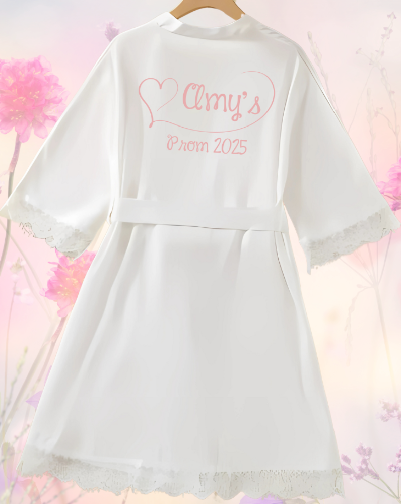 Discover the perfect personalised Prom lace robe for your special day in elegant lace and satin, with a variety of design choices to choose from.