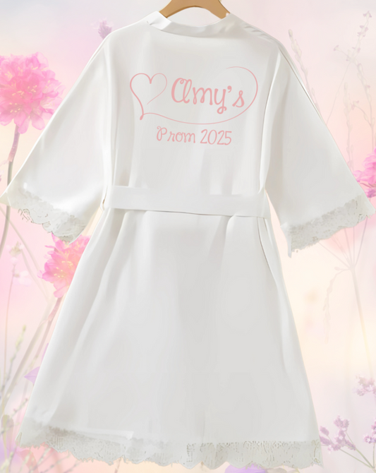 Discover the perfect personalised Prom lace robe for your special day in elegant lace and satin, with a variety of design choices to choose from.