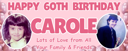 Personalised Birthday Male & Female Photo Party Banners & Posters are offered in a Various Colour Designs, featuring a combination of two images on the banner and two images on posters. Personalised for that special occasion.