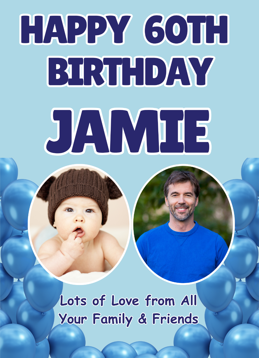 Personalised Birthday Male & Female Photo Party Banners & Posters are offered in a Various Colour Designs, featuring a combination of two images on the banner and two images on posters. Personalised for that special occasion.