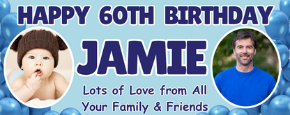 Personalised Birthday Male & Female Photo Party Banners & Posters are offered in a Various Colour Designs, featuring a combination of two images on the banner and two images on posters. Personalised for that special occasion.