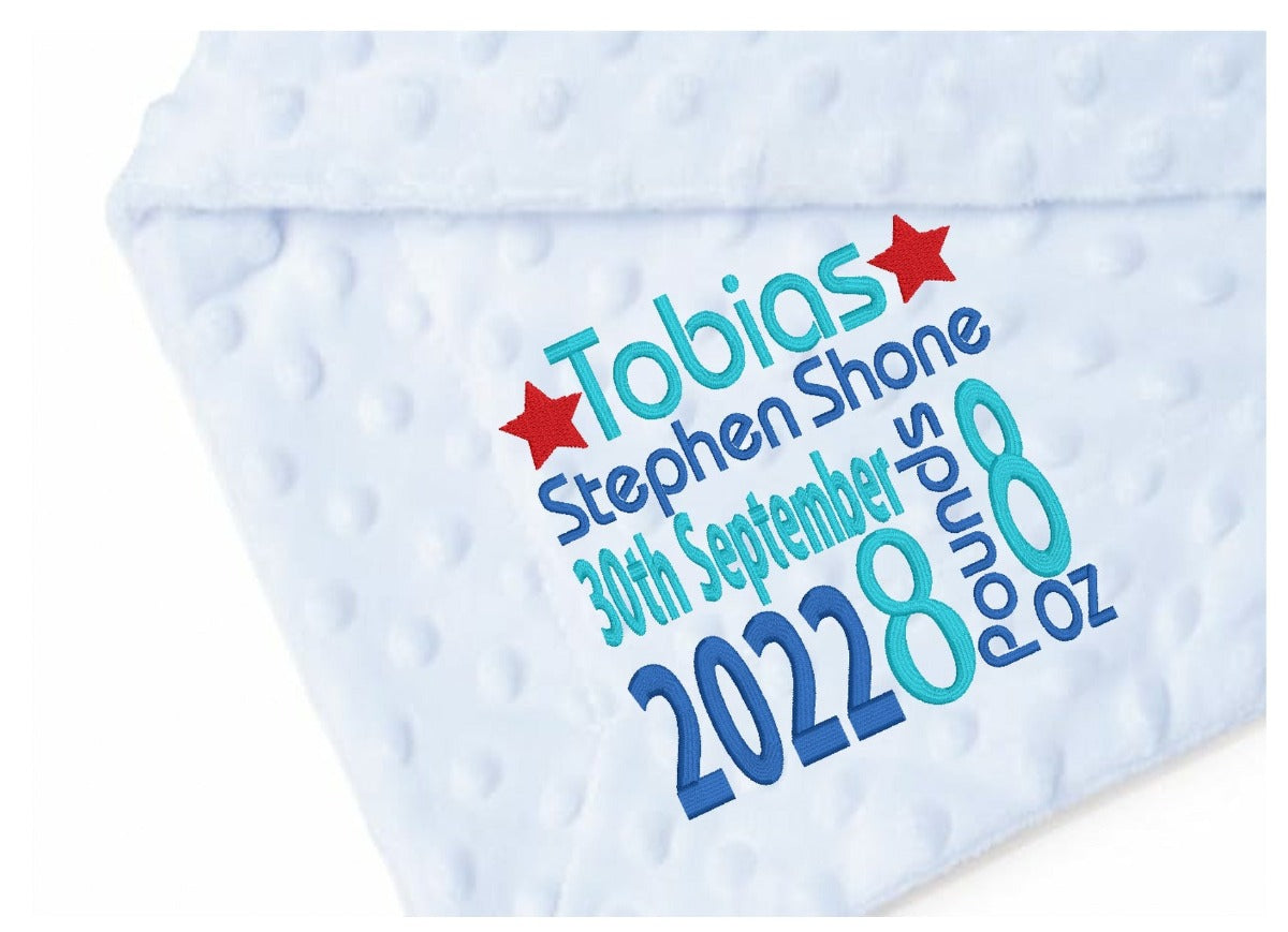 Treat a special little boy to the perfect gift! Our exclusive baby bubble blanket, in stunning blue, is customised with his name and desired font style and colour. Soft and cuddly 100% polyester, it's ideal for any cot or pram and measures 75 x 100 cm. Make him feel extra special with a personalised embroidered baby blue bubble blanket!