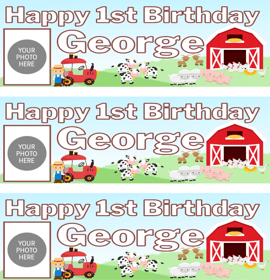 Personalised birthday banners and posters featuring your fav farm animals.  Farm yard animal theme birthday party photo banners posters "Add a playful touch to your little one's special day with our Farm Animal Themed Birthday Party Photo Banners &amp; Posters - Any Age! These banners and posters featuring cute farm animals will make for some adorable photo ops and memories that will last a lifetime. So don't be a party pooper - add some barnyard fun to your celebration today!"