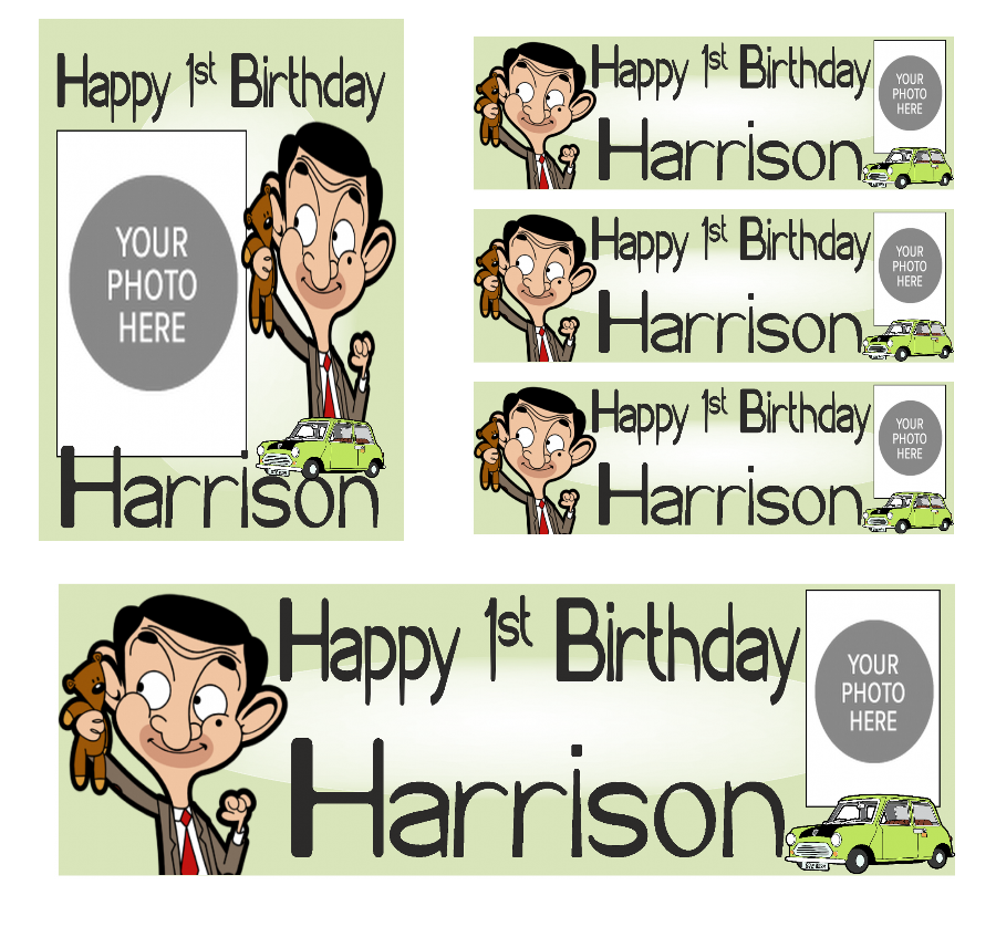 Personalised photo birthday banners and posters themed around Mr. Bean.  Mr. Bean themed birthday posters and banners which can include photos. It's like having your own Mr. Bean-themed personal paparazzi! Capture all your hilarious moments with customized banners and posters. (Perfect for social media and future blackmail material.)