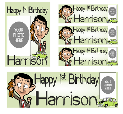 Personalised photo birthday banners and posters themed around Mr. Bean.  Mr. Bean themed birthday posters and banners which can include photos. It's like having your own Mr. Bean-themed personal paparazzi! Capture all your hilarious moments with customized banners and posters. (Perfect for social media and future blackmail material.)