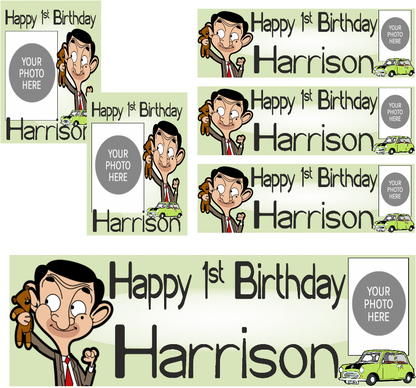 Personalised photo birthday banners and posters themed around Mr. Bean.  Mr. Bean themed birthday posters and banners which can include photos. It's like having your own Mr. Bean-themed personal paparazzi! Capture all your hilarious moments with customized banners and posters. (Perfect for social media and future blackmail material.)