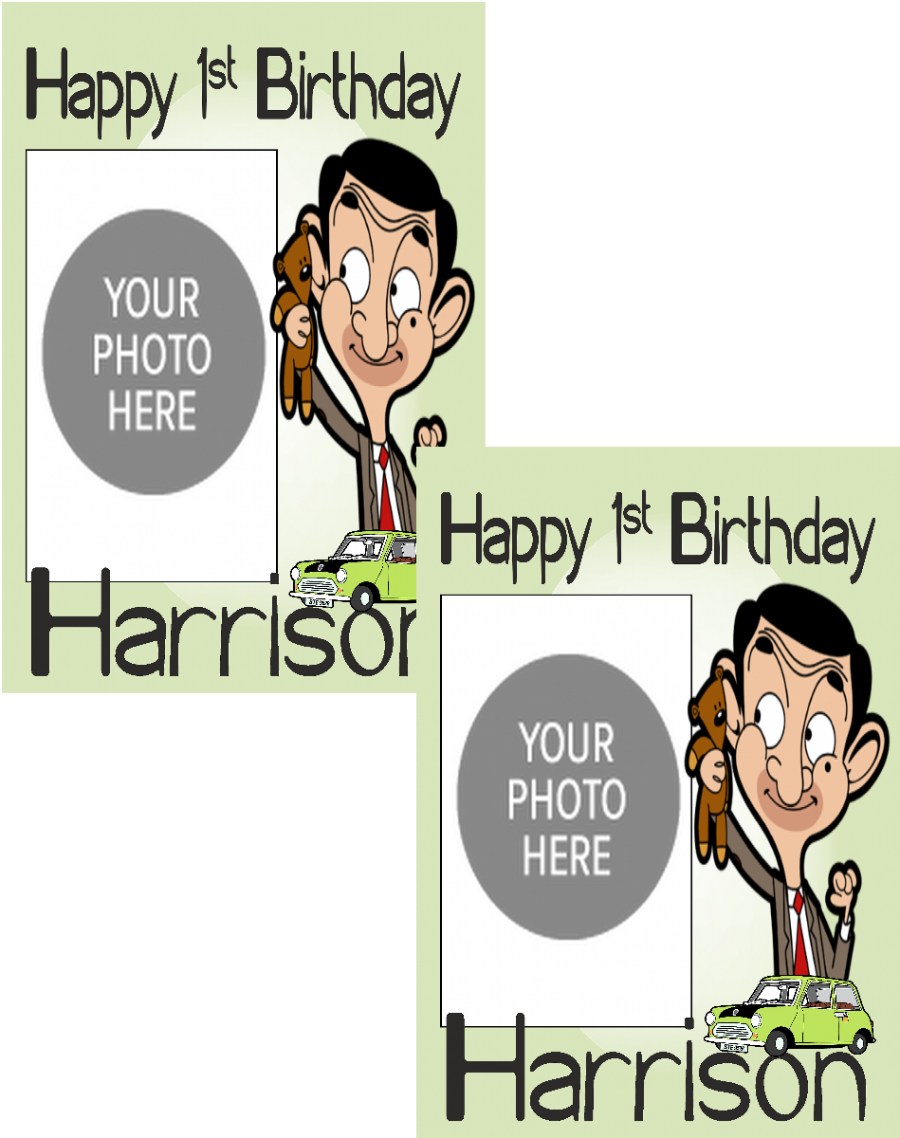 Personalised photo birthday banners and posters themed around Mr. Bean.  Mr. Bean themed birthday posters and banners which can include photos. It's like having your own Mr. Bean-themed personal paparazzi! Capture all your hilarious moments with customized banners and posters. (Perfect for social media and future blackmail material.)