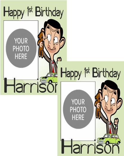 Personalised photo birthday banners and posters themed around Mr. Bean.  Mr. Bean themed birthday posters and banners which can include photos. It's like having your own Mr. Bean-themed personal paparazzi! Capture all your hilarious moments with customized banners and posters. (Perfect for social media and future blackmail material.)