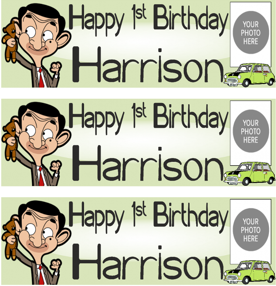 Personalised photo birthday banners and posters themed around Mr. Bean.  Mr. Bean themed birthday posters and banners which can include photos. It's like having your own Mr. Bean-themed personal paparazzi! Capture all your hilarious moments with customized banners and posters. (Perfect for social media and future blackmail material.)