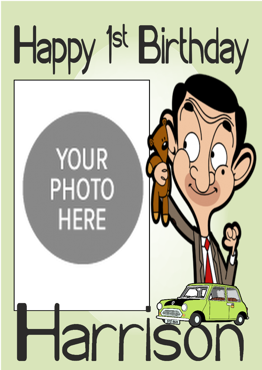 Personalised photo birthday banners and posters themed around Mr. Bean.  Mr. Bean themed birthday posters and banners which can include photos. It's like having your own Mr. Bean-themed personal paparazzi! Capture all your hilarious moments with customized banners and posters. (Perfect for social media and future blackmail material.)