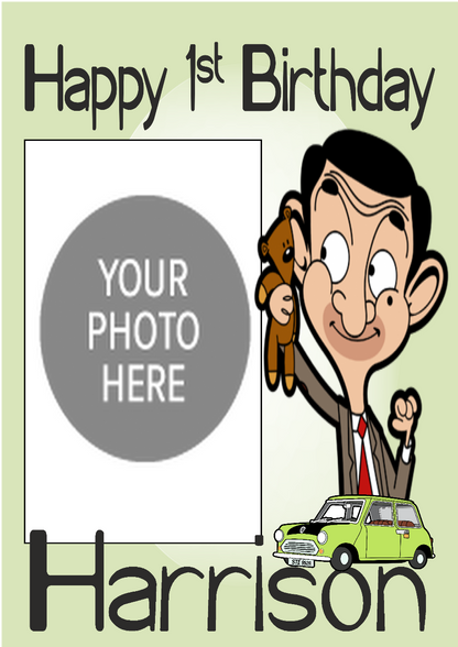 Personalised photo birthday banners and posters themed around Mr. Bean.  Mr. Bean themed birthday posters and banners which can include photos. It's like having your own Mr. Bean-themed personal paparazzi! Capture all your hilarious moments with customized banners and posters. (Perfect for social media and future blackmail material.)