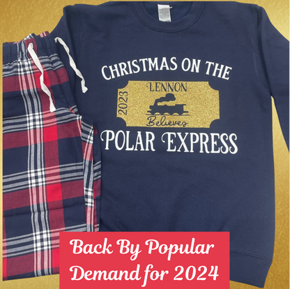 Experience the holiday spirit in style with these customisable Christmas family matching PJ sets inspired by the Polar Express! Made with 100% cotton, these adorable matching sets in tartan with a navy blue short sleeved t shirt is ideal for cozy family nights or for that special polar express train ride. They even come with a personalised gold glitter Polar Express ticket design on the top, featuring your name and year for that extra special touch.