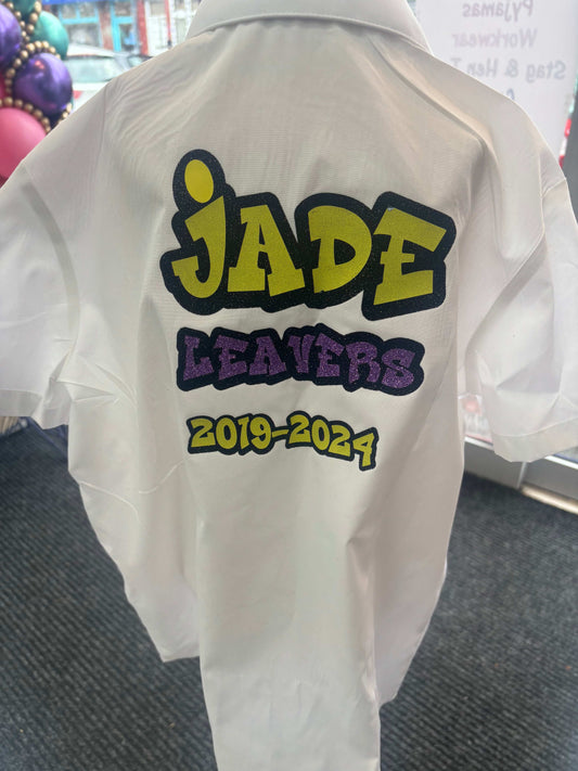 Personalised Glitter & Diamante School Leavers Signing Shirts for Class Year 2025 Children. A beautiful Keepsake of Memories from the Last Day Of School. This listing is for Yellow & Purple Graffiti Font - Your name in Yellow along with leavers and dates in purple glitter.