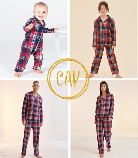 Matching Red, Blue & White Tartan Pyjama Sets - Monogram Personalised