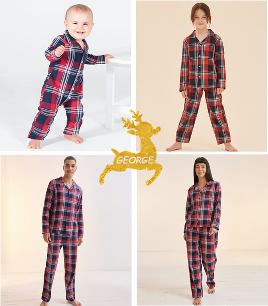 Matching Red, Blue & White Tartan Pyjama Sets - Reindeer Personalised