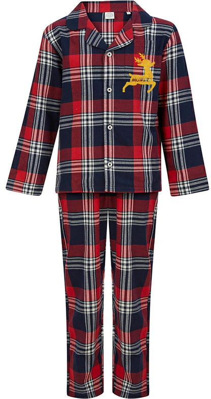 Matching Red, Blue & White Tartan Pyjama Sets - Reindeer Personalised