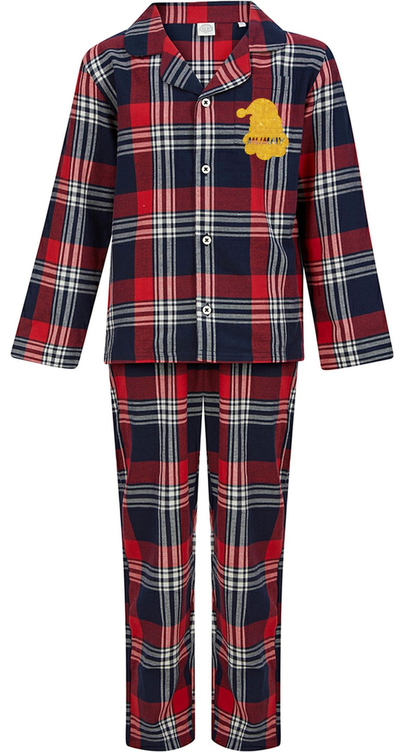 Matching Red, Blue & White Tartan Pyjama Sets - Santa Silhouette Personalised