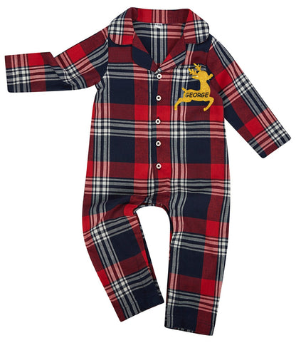 Matching Red, Blue & White Tartan Pyjama Sets - Reindeer Personalised