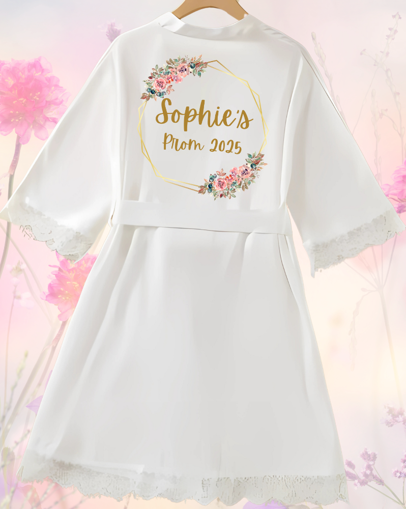 Discover the perfect personalised Prom lace robe for your special day in elegant lace and satin, with a variety of design choices to choose from.