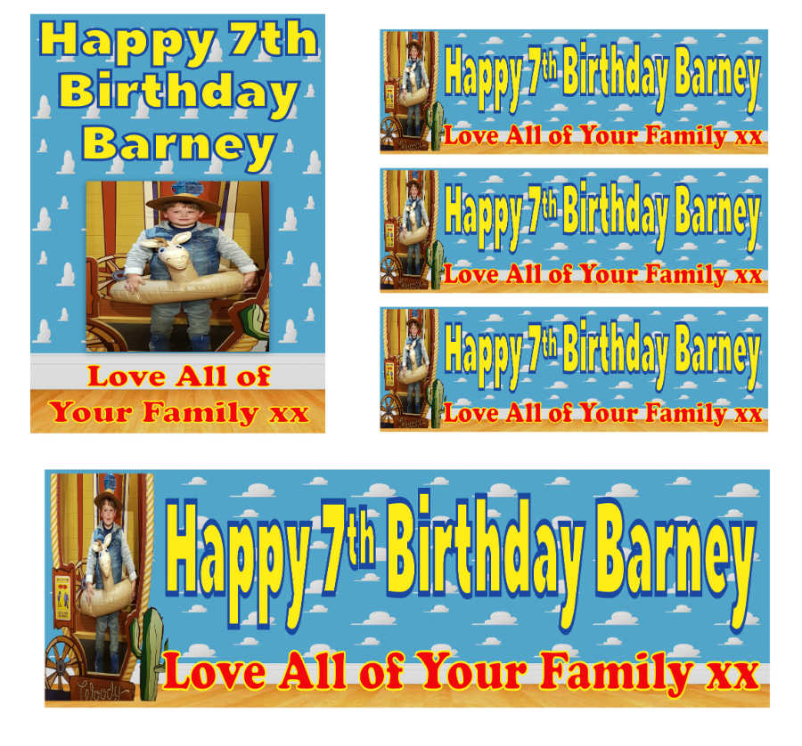 Personalised photo birthday banners and posters themed around Toy Story.  Toy story themed posters and banners for that special birthday. Includes any image uploaded to your posters and banners. Let your birthday party be the talk of the town with these Toy Story themed posters and banners! Plus, you can customize them with any image you want - your options are endless!