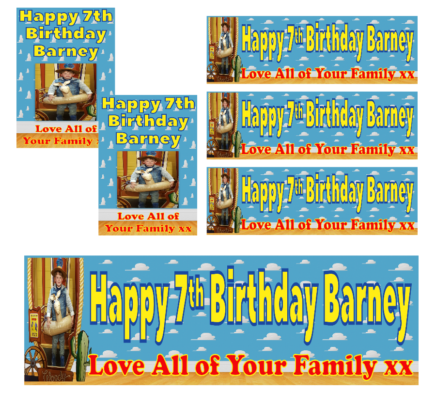 Personalised photo birthday banners and posters themed around Toy Story.  Toy story themed posters and banners for that special birthday. Includes any image uploaded to your posters and banners. Let your birthday party be the talk of the town with these Toy Story themed posters and banners! Plus, you can customize them with any image you want - your options are endless!